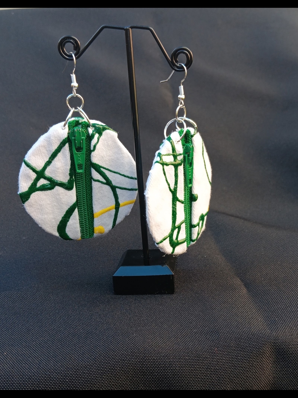 Handmade Green and White Zipper Circle Earrings